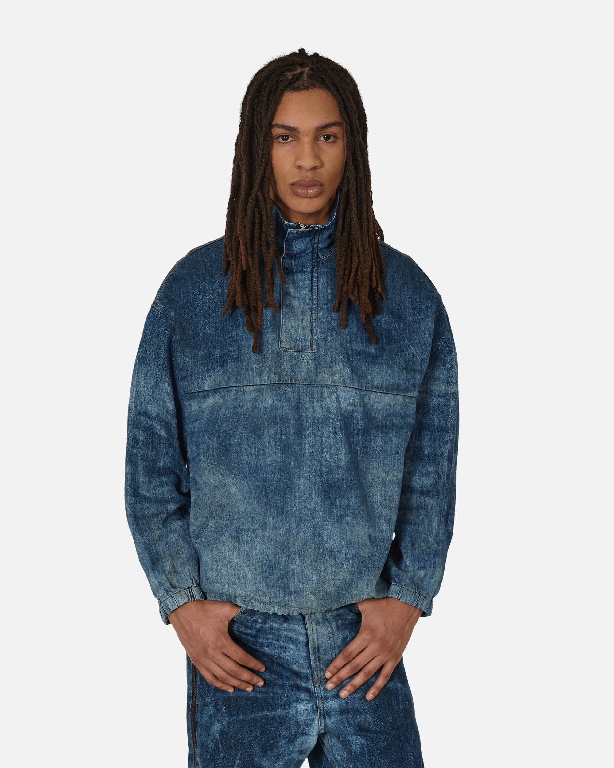 Dirt-Effect Denim Pullover Jacket Blue