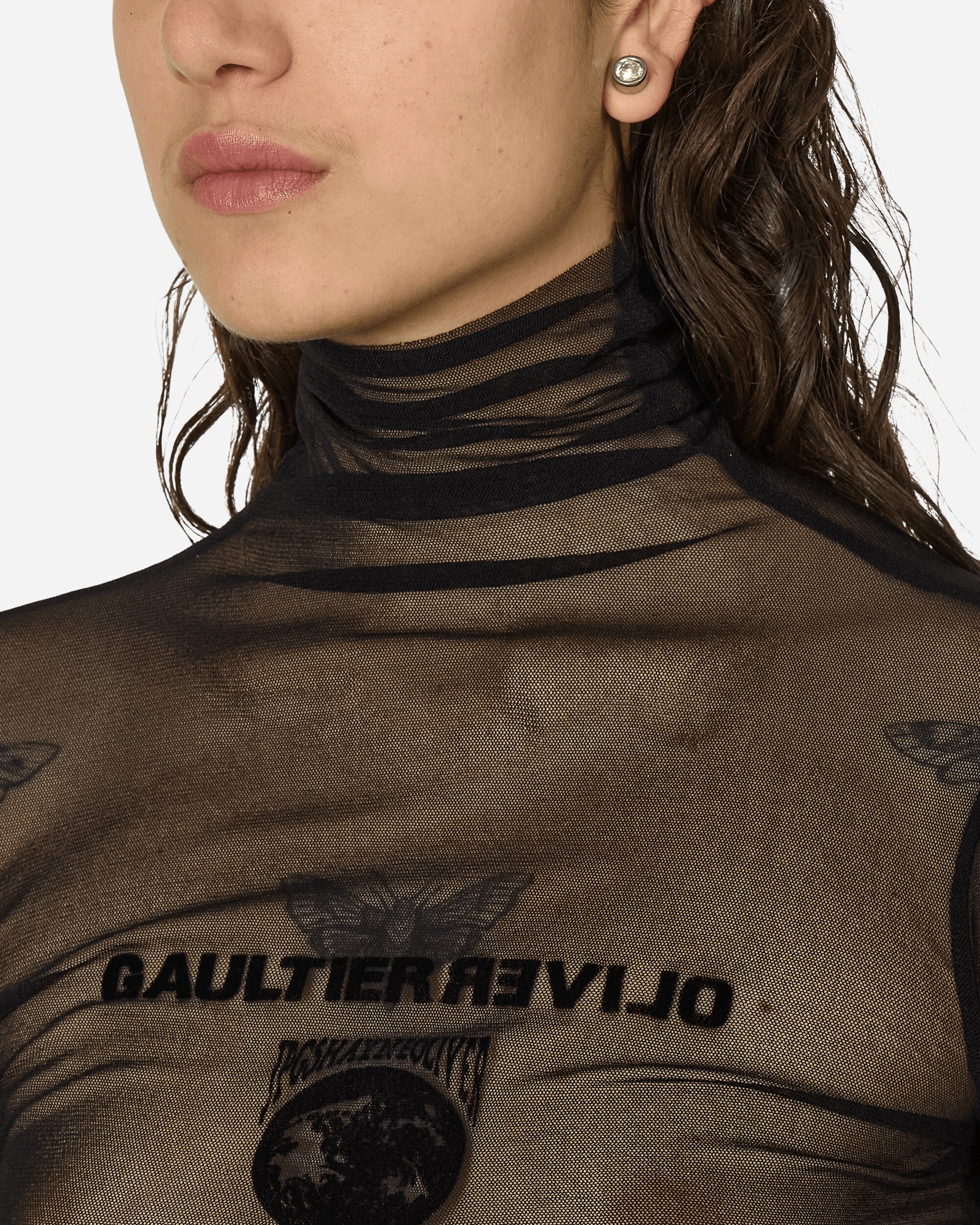Jean Paul Gaultier Wmns Mesh Turtle Neck Flocked Earth Black T-Shirts Longsleeve TO187I-T001 0000